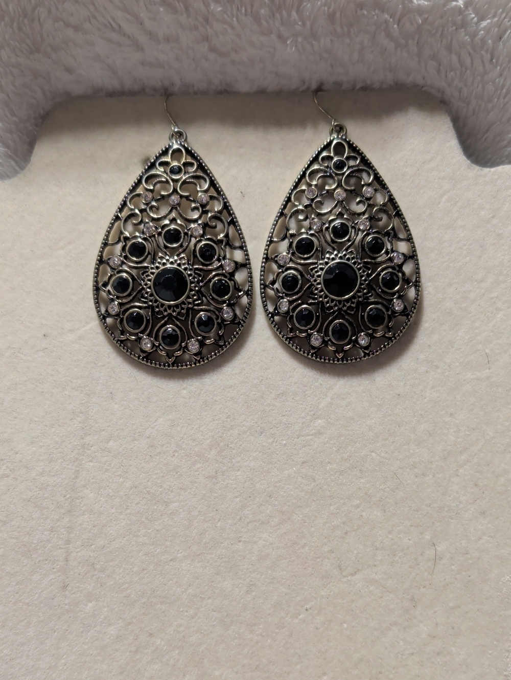 Silver-Tone Black Stone Filigree Teardrop Earrings